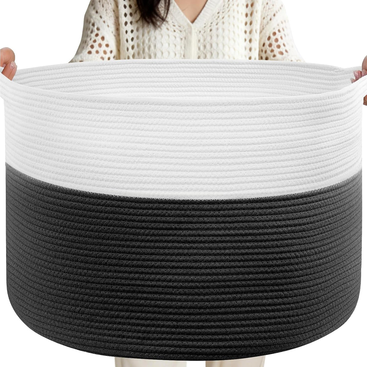 XXL Large Laundry Basket, 90L Soft Cotton Rope Basket, Blanket Storage and Organizers, Baby Nursery Laundry Hamper, Extra Large Toys Storage Bins for Kids 23'' x 13'', White & Black