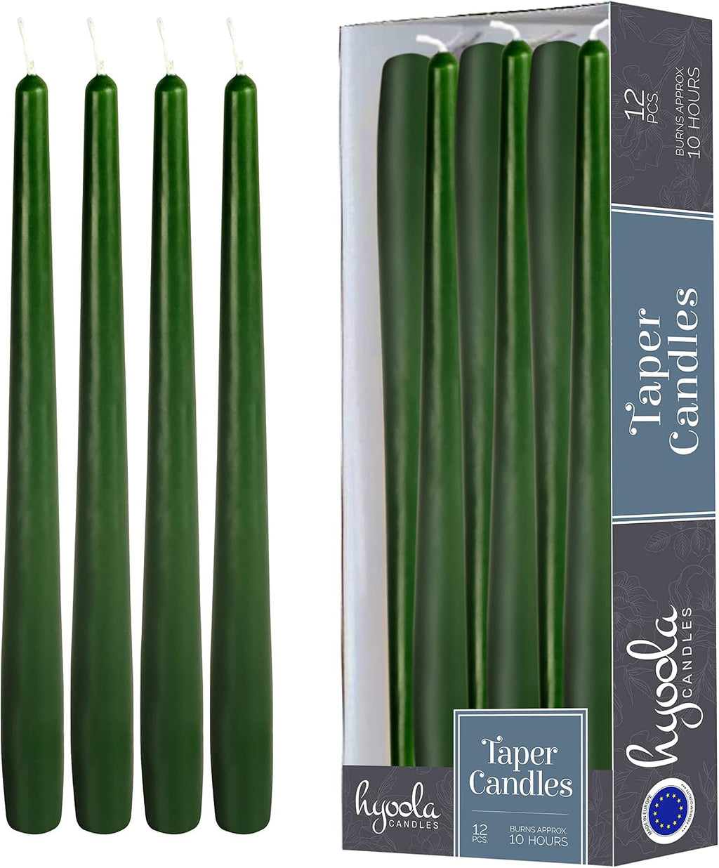 Hyoola 12 Pack Tall Taper Candles - 12 Inch Hunter Green Dripless, Unscented Dinner Candle - Paraffin Wax with Cotton Wicks - 10 Hour Burn Time