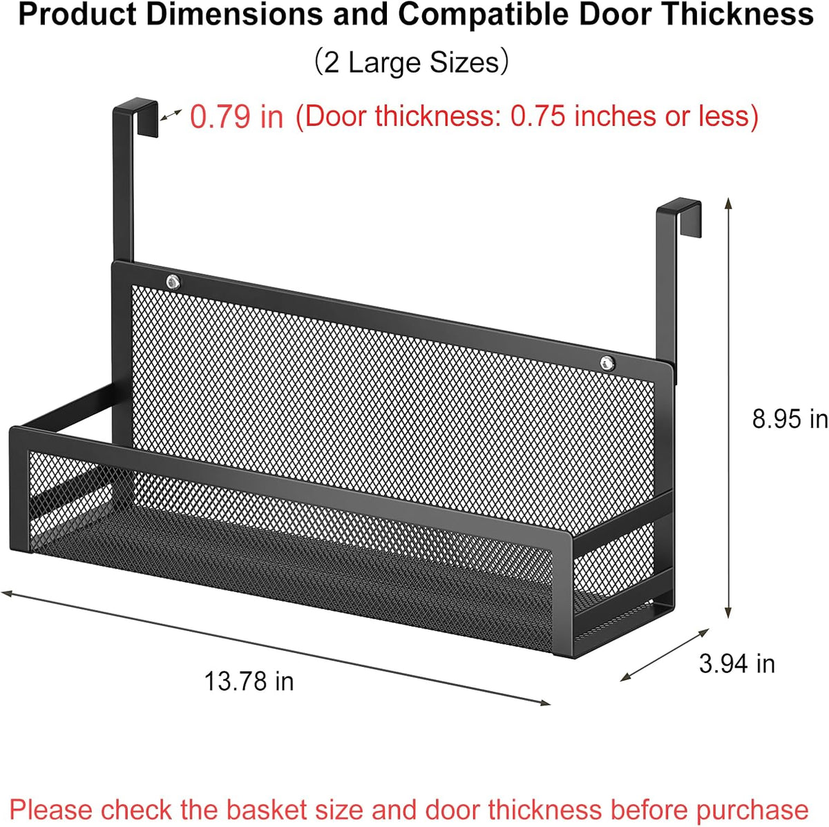 Hanging Bathroom Baskets Fine Mesh Wire Storage Basket Over Cabinet Door Organizer No Drilling Required for Kitchen Bathroom Office, 2 Larges, Black