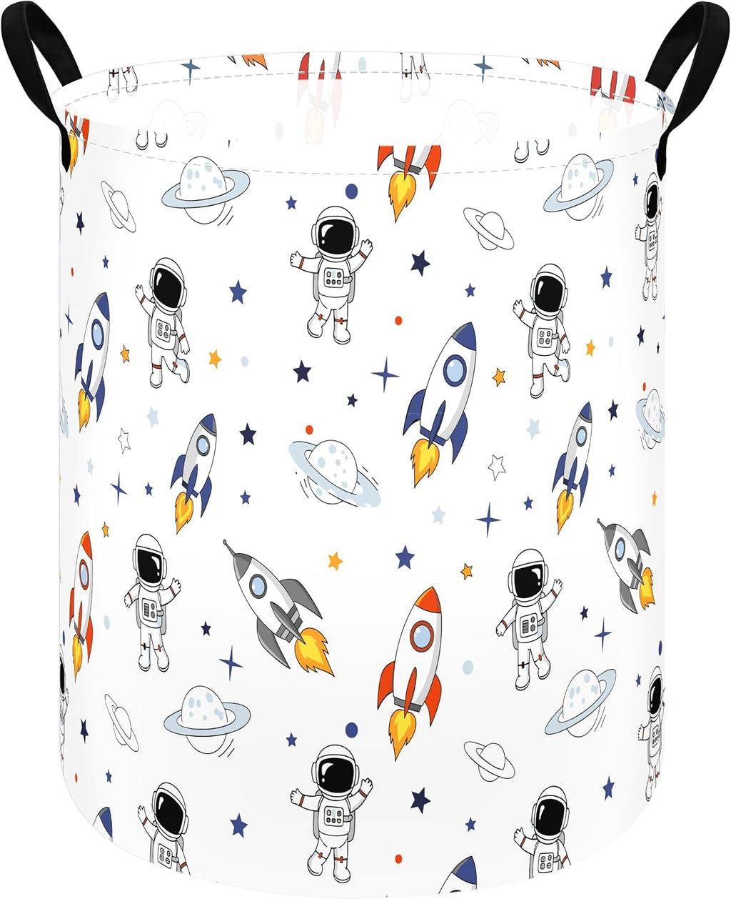 Space Laundry Hamper, Round Storage Basket with Handles, Foldable Cotton Linen Clothes Organizer Bin, Astronaut Rocket Planet Print for Bedroom, Nursery, College Dorm, Toy Storage