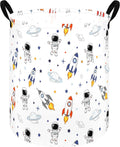 Space Laundry Hamper, Round Storage Basket with Handles, Foldable Cotton Linen Clothes Organizer Bin, Astronaut Rocket Planet Print for Bedroom, Nursery, College Dorm, Toy Storage