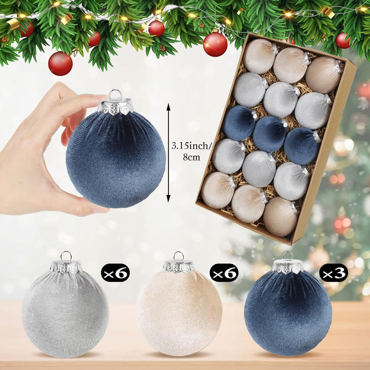 IPOPU 3.15in 15Pcs Dusty Blue Velvet Christmas Ornament Balls for Festival