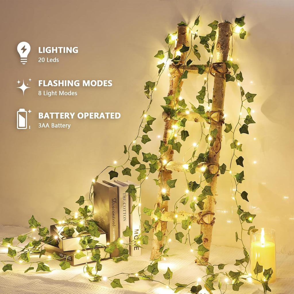 2 Pack Vines with Lights Battery Operated, 6.56ft 20 LED Vines with Fairy Light, Leaf Light with 8 Modes, Fake Vines Ivy String Lights for Bedroom, Wall, Room, Garden, Party Decor