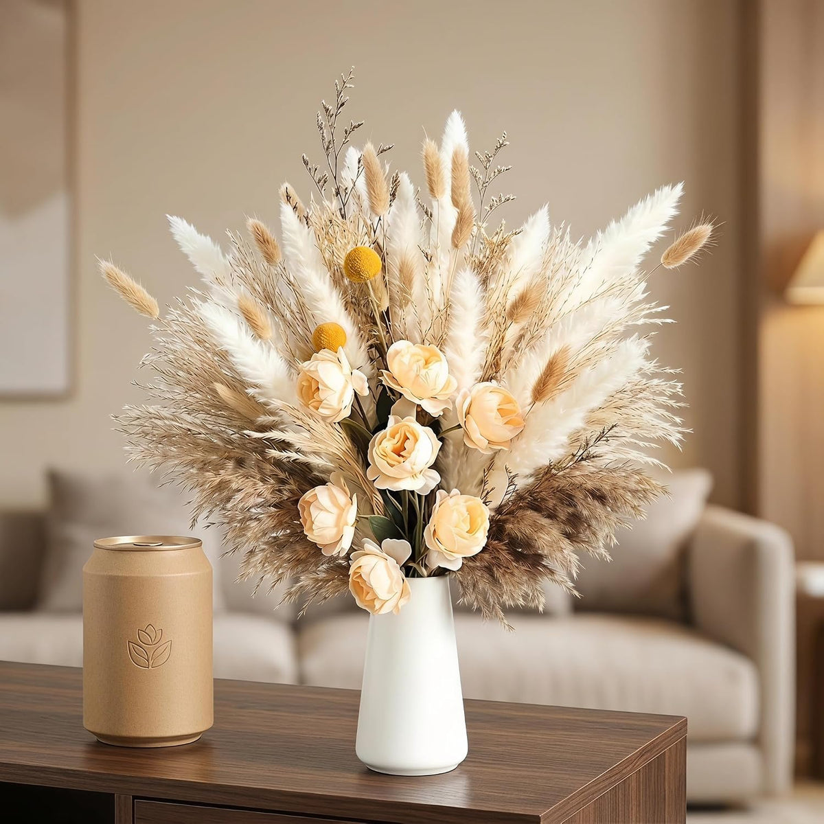89 Pcs 17 Inch Yellow Dried Pampas Grass Bouquet with Champagne Faux Roses