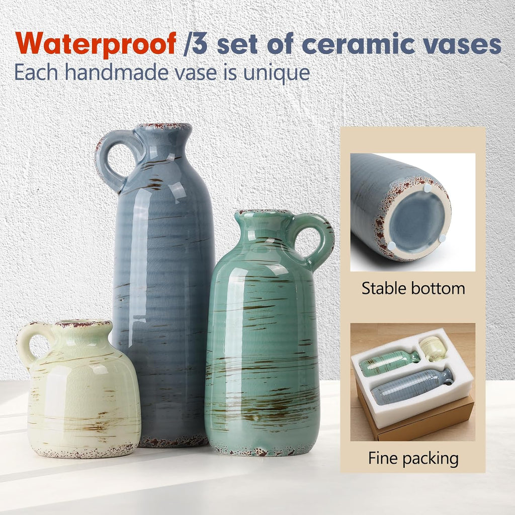 Ceramic Vase Set of 3, Vase Home Decor with Handle, Waterproof Vases