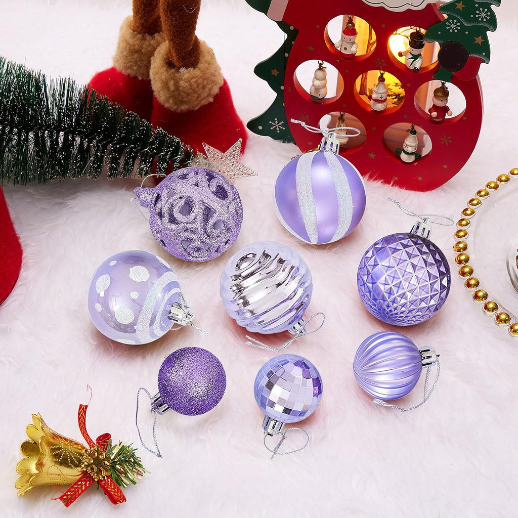 100PCS Christmas Ball Ornaments, Assorted Shatterproof Christmas Tree Decorations, Seasonal Decorative Hanging Baubles Decor Set for Xmas/Holiday/Party, Glitter&Painting Ornament Set (Lavender Purple)