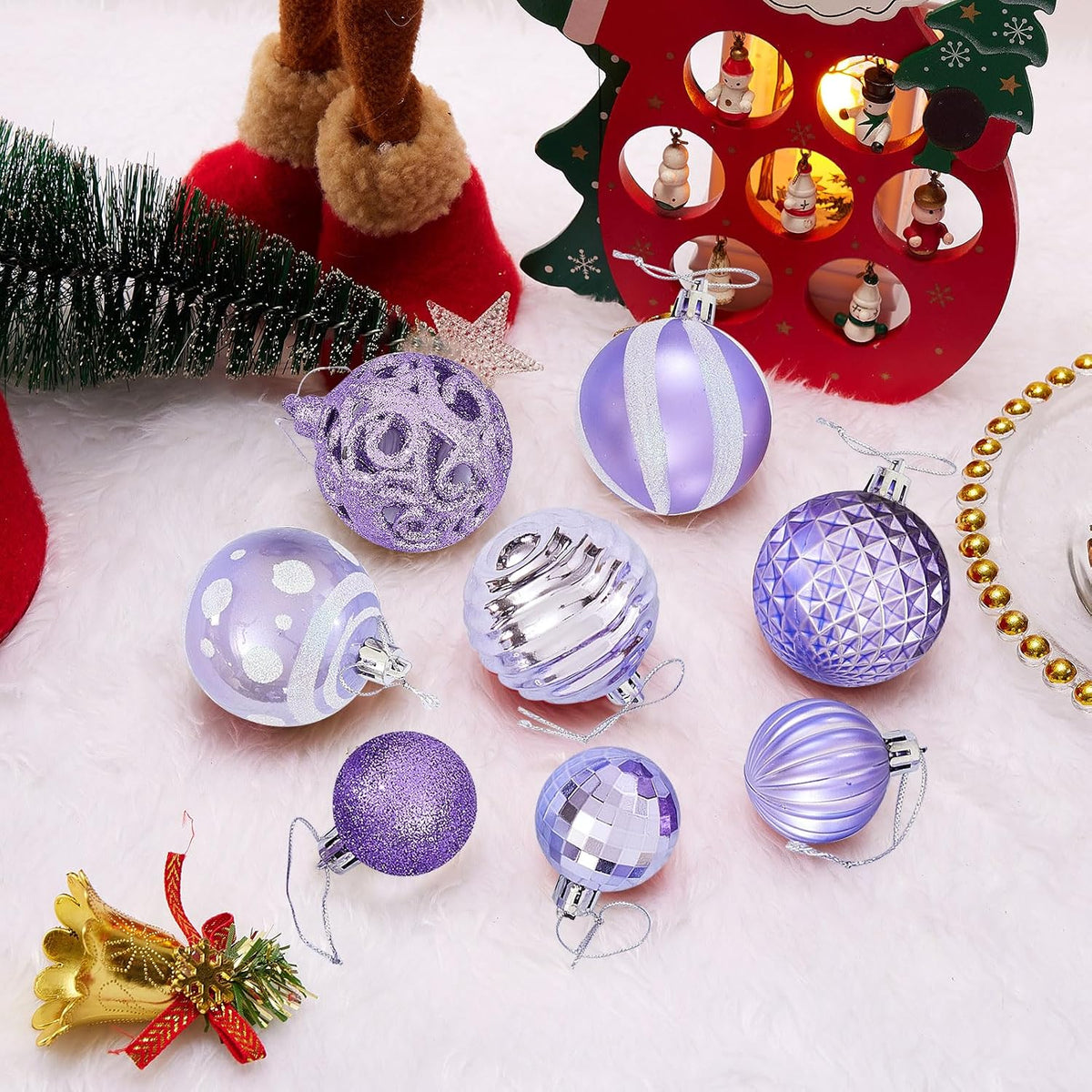 100PCS Christmas Ball Ornaments, Assorted Shatterproof Christmas Tree Decorations, Seasonal Decorative Hanging Baubles Decor Set for Xmas/Holiday/Party, Glitter&Painting Ornament Set (Lavender Purple)
