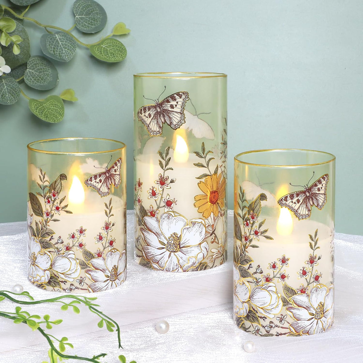 Glass Flameless Candles Battery Operated with Remote Timer Botanical Butterfly & Floral Real Wax Flickering LED Pillar Candle for Spring Summer Home Decor, Wedding, Table Centerpiece