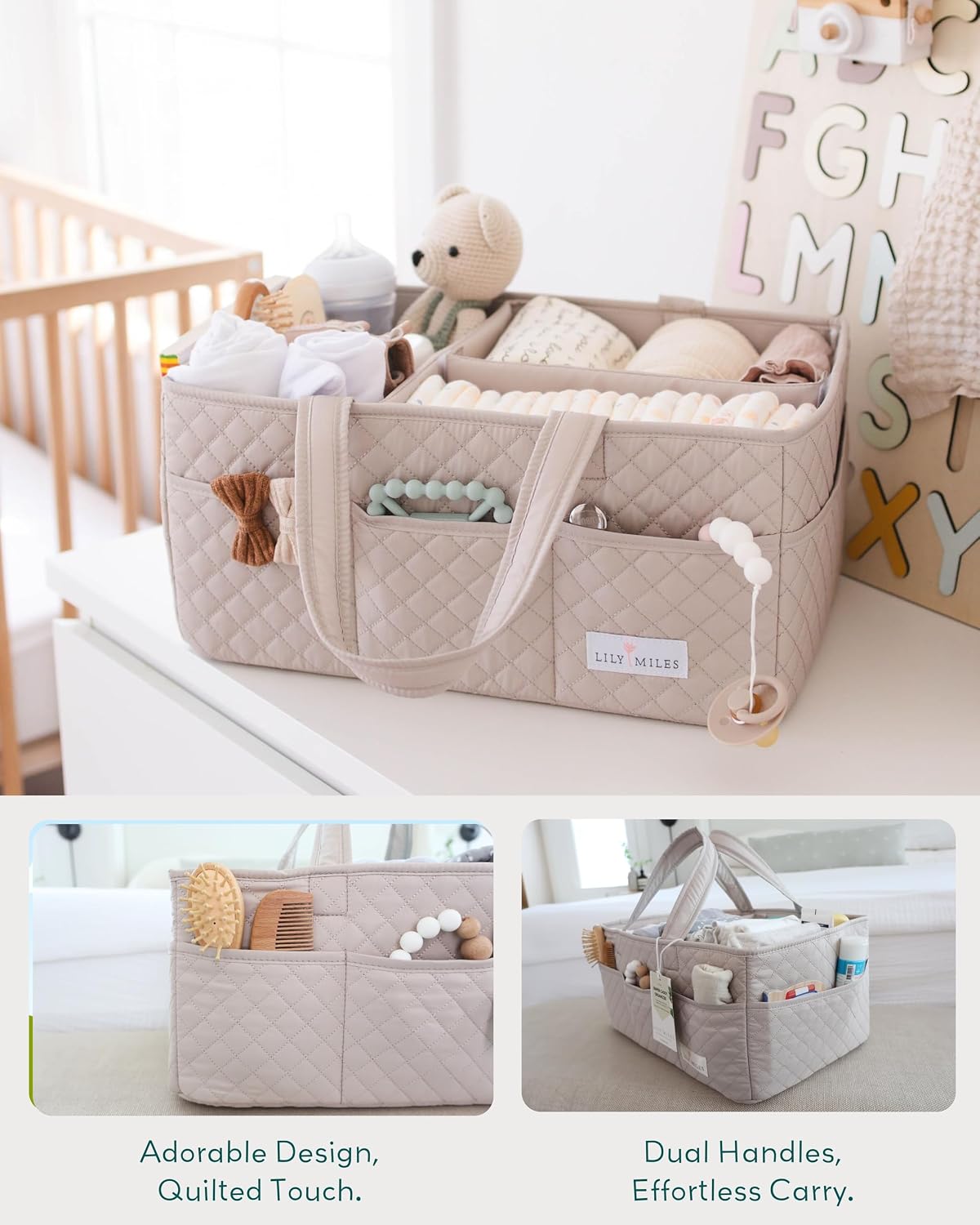 Lily Miles Baby Diaper Caddy Organizer, Quilted Nursery Storage Organizer for Newborn Essentials and Diaper Changing Station, Gift for Baby Shower and Registry Must-Have (Soft Sand)
