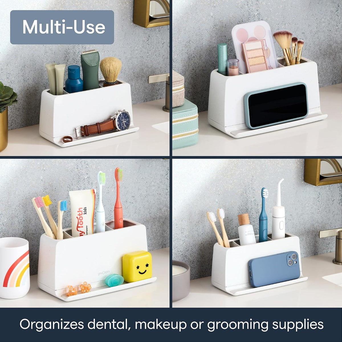 YouCopia The Ledge Toothbrush Holder, 3-Slot, Bathroom Vanity Counter Organizer with Cord Slots, Removable Base and Storage for Phones, Toothpaste and Accessories