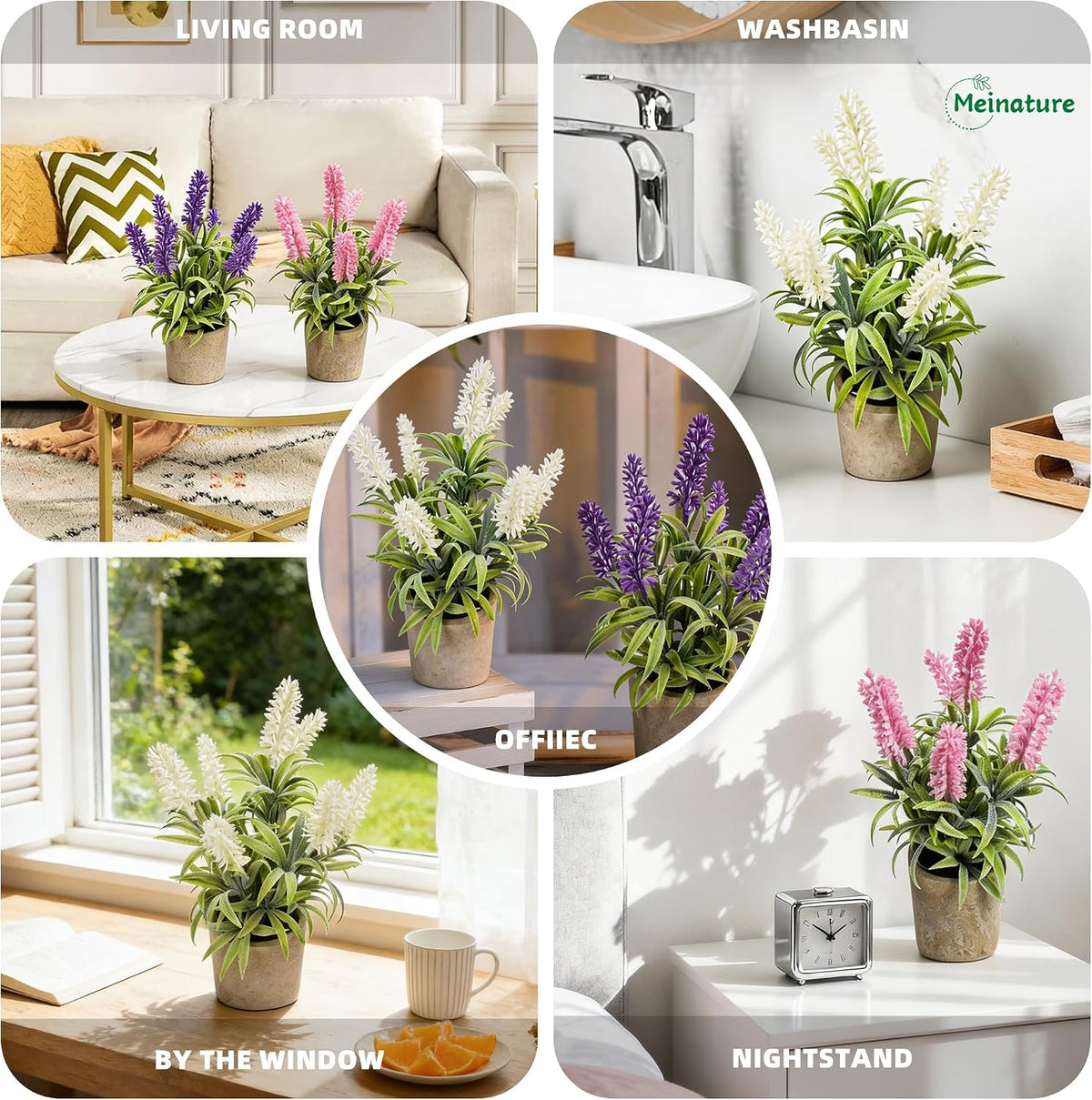 Artificial Lavender Flowers in Pot Set of 3, Fake Flowers Potted Plants for Home Decor Indoor, Small Faux Lavender Purple Pink White for Table Bedroom Bathroom Office