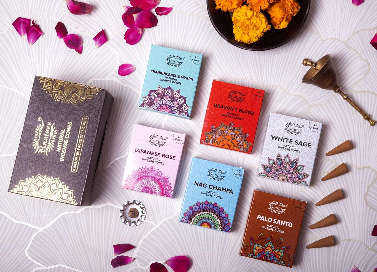 Raajsee Natural Incense Cones,6 Pack Mixed Scents Gift Pack 15 pc Each (90 Total), Insense Cones Variety Pack, 100% Organic Non Toxic Natural - Hand Rolled Free from Chemicals (Pack 2)