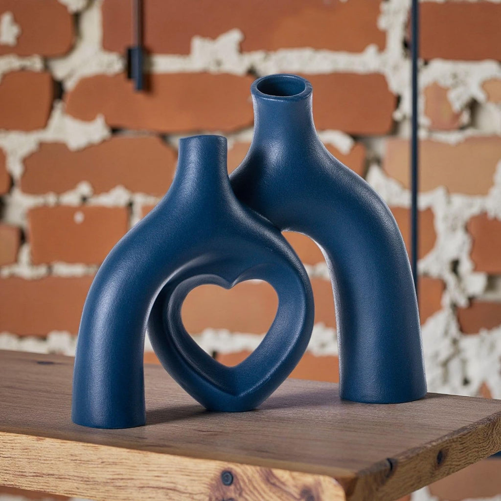 Liotww Ceramic Flower Vase Navy Blue Heart Shaped Home Decor Vase