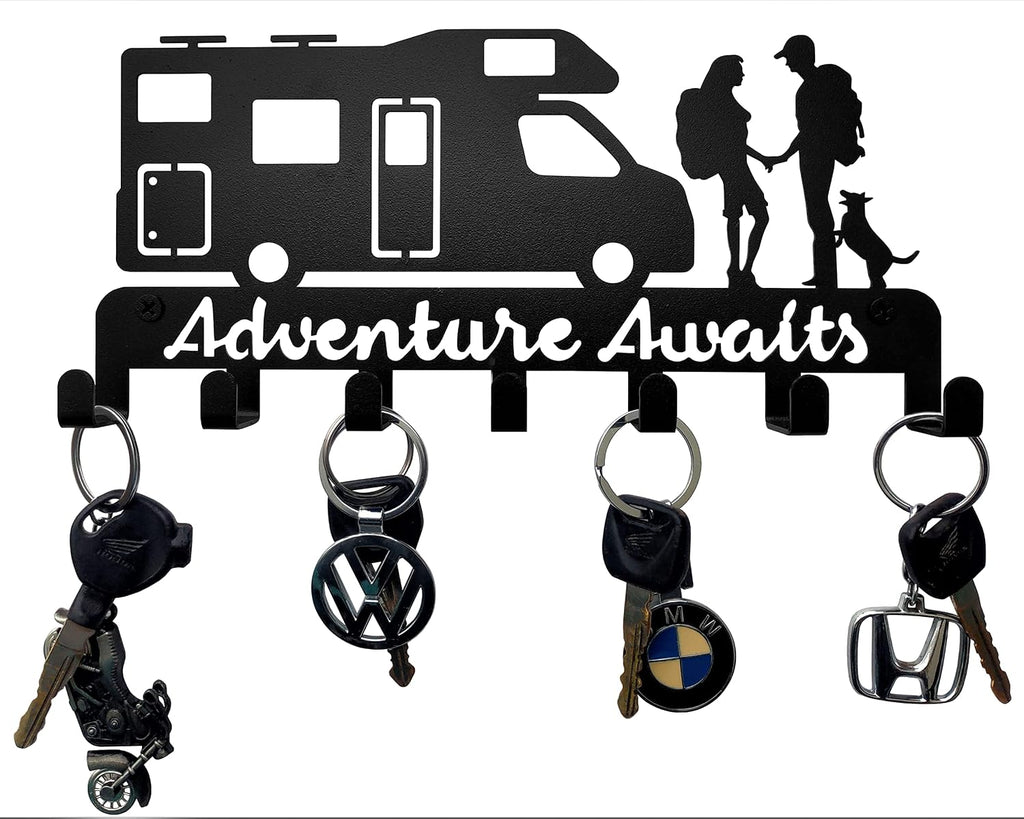 Metal Camper Key Holder, 7 Hooks, Wall Mounted Key Rack, Black, Rustic Style