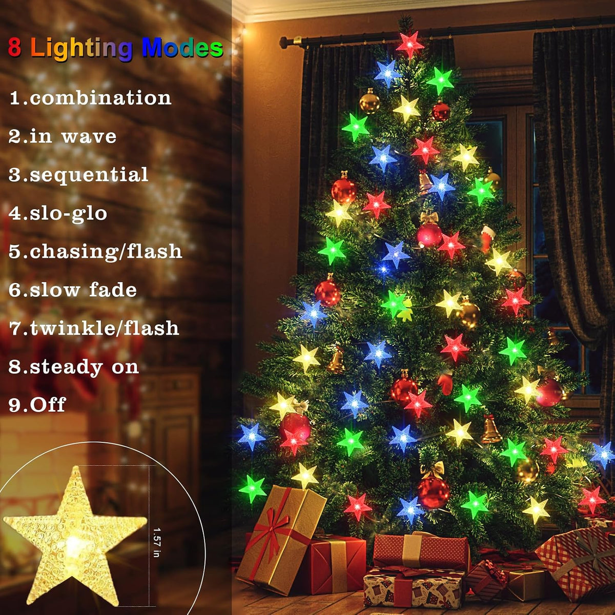echosari 158IN Star String Lights Battery Operated Auto Timer Multicolor