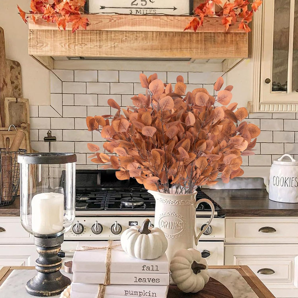 6 Pcs Fall Artificial Eucalyptus Stems Fall Decorations with Eucalyptus Leaf Branches for Indoor Home Autumn Festival Thanksgiving Decor(Dark Brown)
