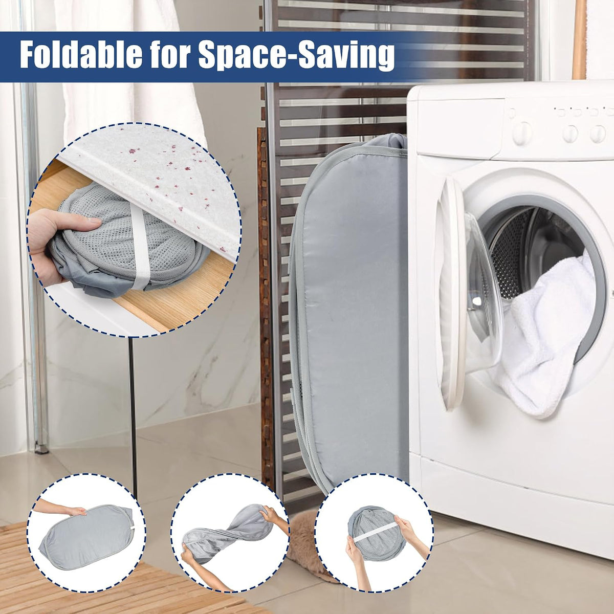 Collapsible Laundry Baskets, Upgrade Pop Up Laundry Hamper with Convenient Bags, Foldable Laundry Basket Mesh Light Weight, Easy to Carry Clothes Hampers for Laundry, Dorm, Toys, Travel Grey