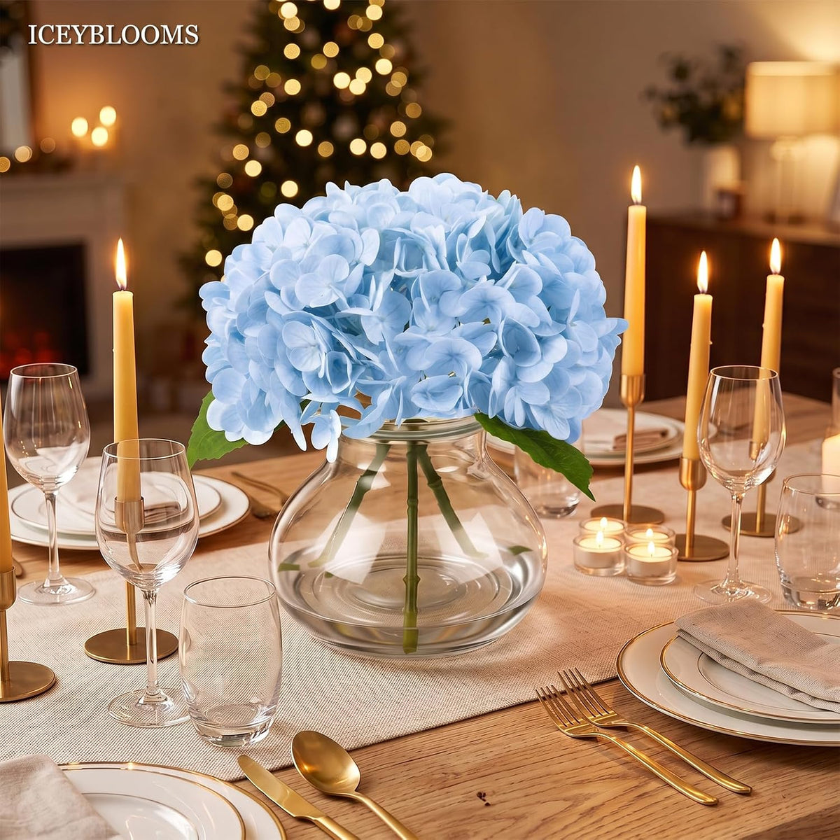 Hydrangea Artificial Flowers with Vase, 3-Head Silk Fake Flowers