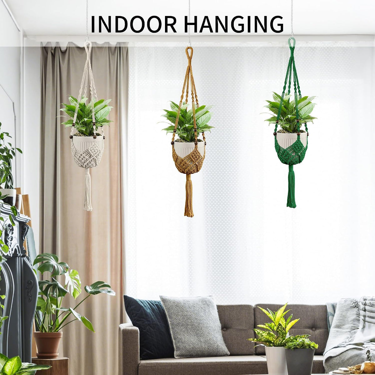 Macrame Plant Hanger - Fits 3-6 Inch Pots, Set of 2, Ivory