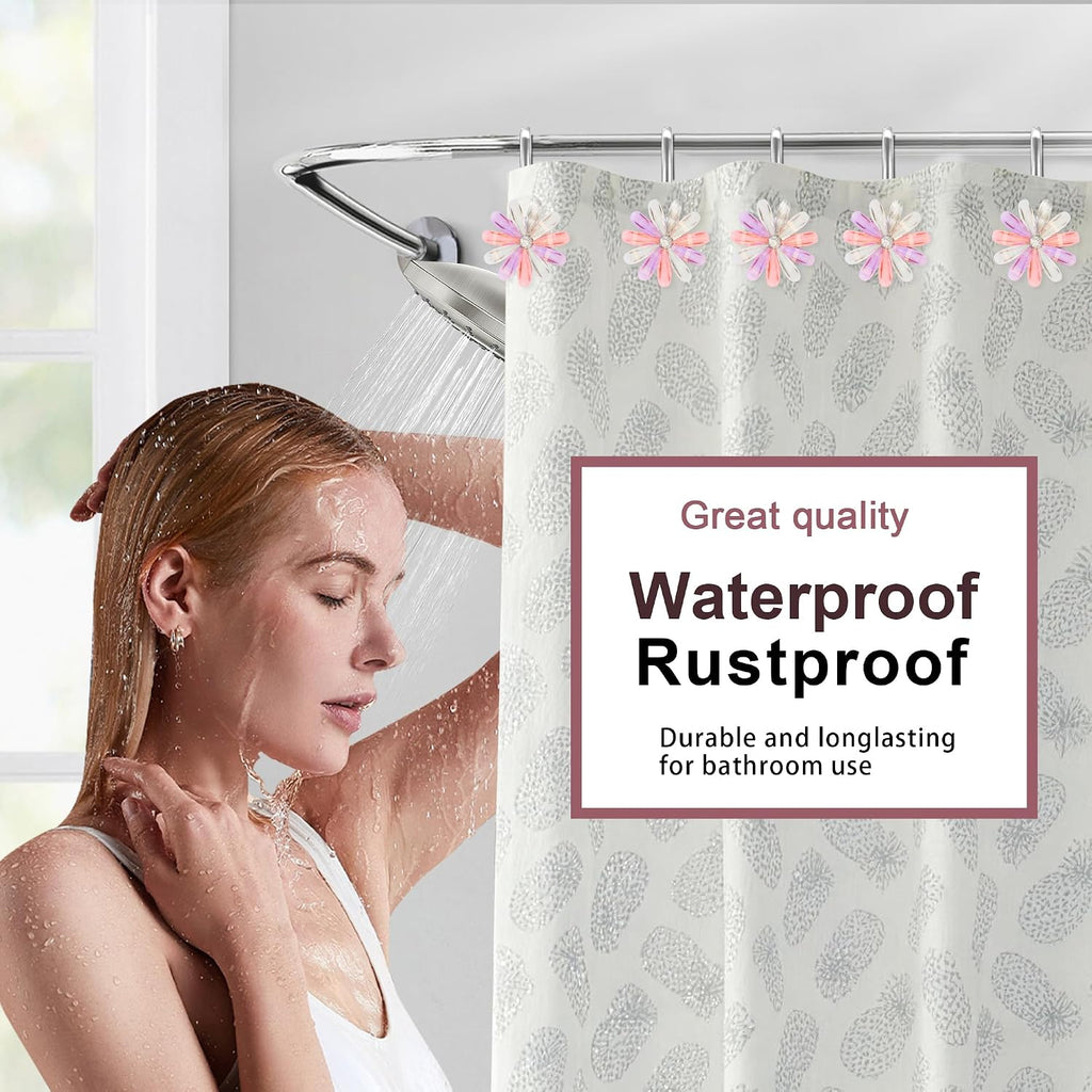 Shower Curtain Hooks, Rust Resistant Cute Daisy Metal Decorative Shower Rings Hangers Set of 12 for Bathroom Curtains,Clothing, Towels (Silver Multicolor)