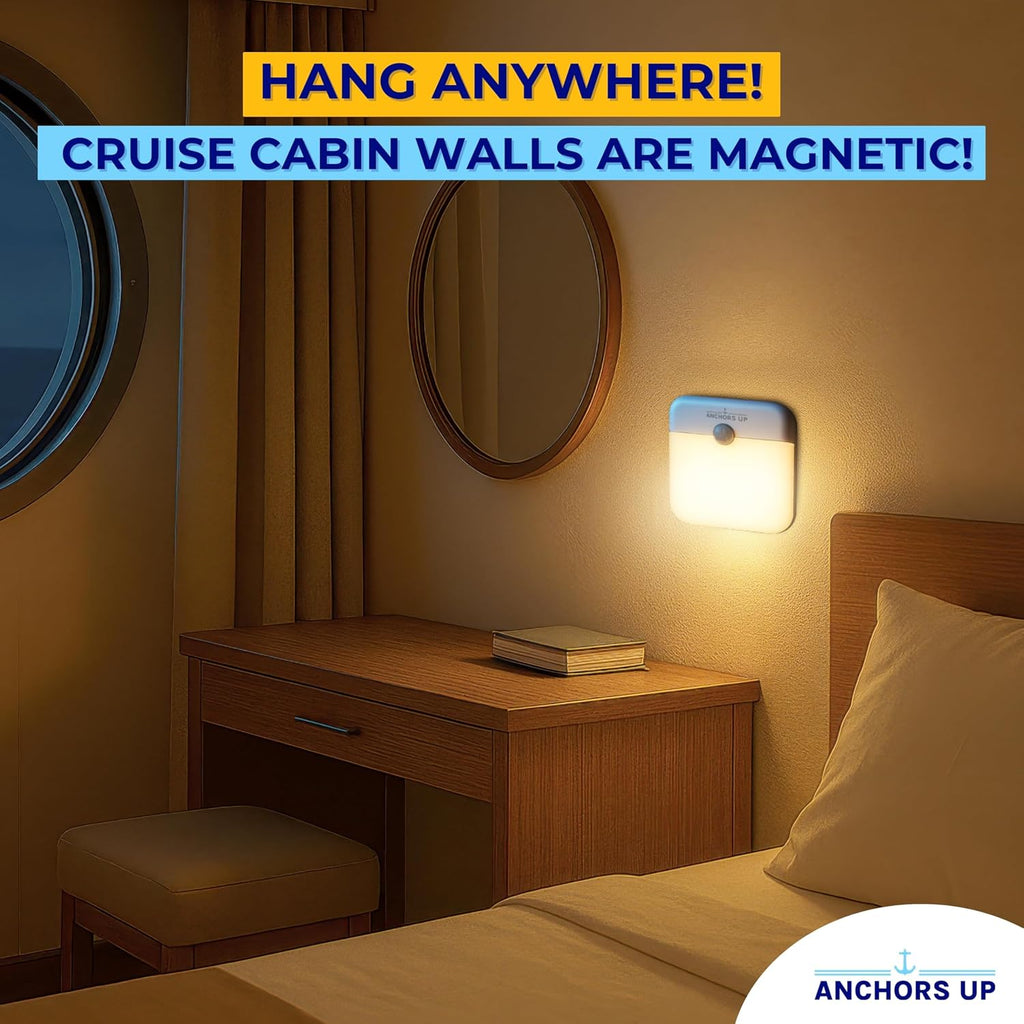 [2 Pack] Cruise Cabin & Hotel Room Magnetic Night Light with Motion Sensor USB Rechargeable – Warm White LED Motion Sensor Light – for Cruises, Hotels, Travel and More – Essentials by AnchorsUp
