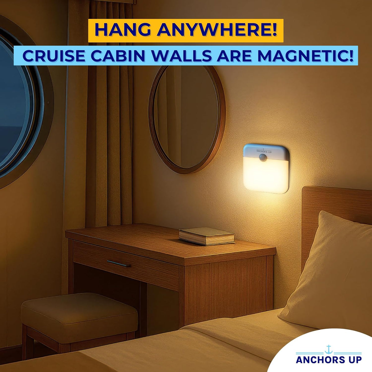 [2 Pack] Cruise Cabin & Hotel Room Magnetic Night Light with Motion Sensor USB Rechargeable – Warm White LED Motion Sensor Light – for Cruises, Hotels, Travel and More – Essentials by AnchorsUp