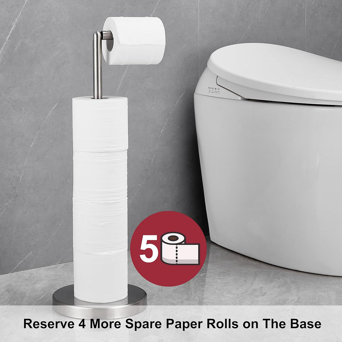 Foldable Toilet Paper Dispenser SUS304 Stainless Steel Free Standing Toilet Paper Holder Stand Modern Floor Bathroom Storage Freestanding 4 Rolls of Toilet Tissue Stand (Brushed Nickel Finish)