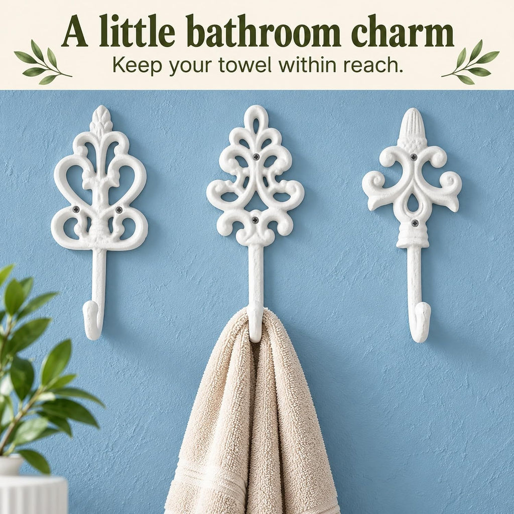 Comfify Pure White Cast Iron Wall Hooks Set of 3 – Farmhouse Coat Hooks