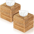 Kigley 2 Pcs Square Rattan Tissue Box Cover Boho Wicker Tissue Cube Box Cover 5.5'' x 5.5'' x 5.5'' Decorative Natural Wicker Hand Woven Napkin Box Holder Bathroom Office Car Accessories (Wood)
