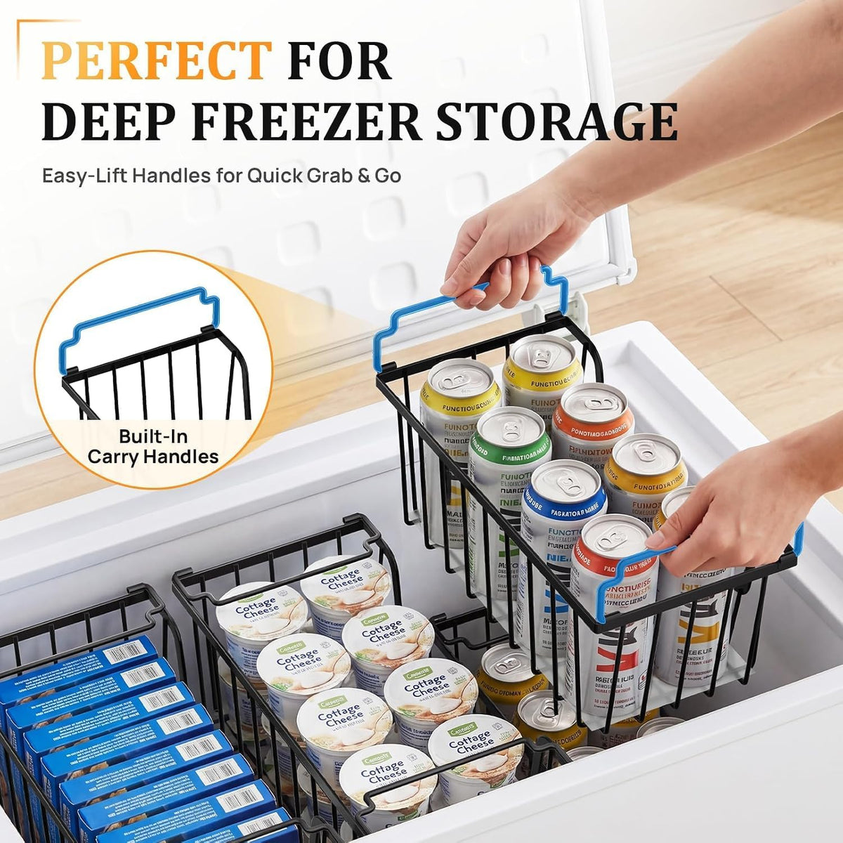SUNALLY Stackable Storage Bins 4 Pcs Wire Baskets Freezer Organizer, Black
