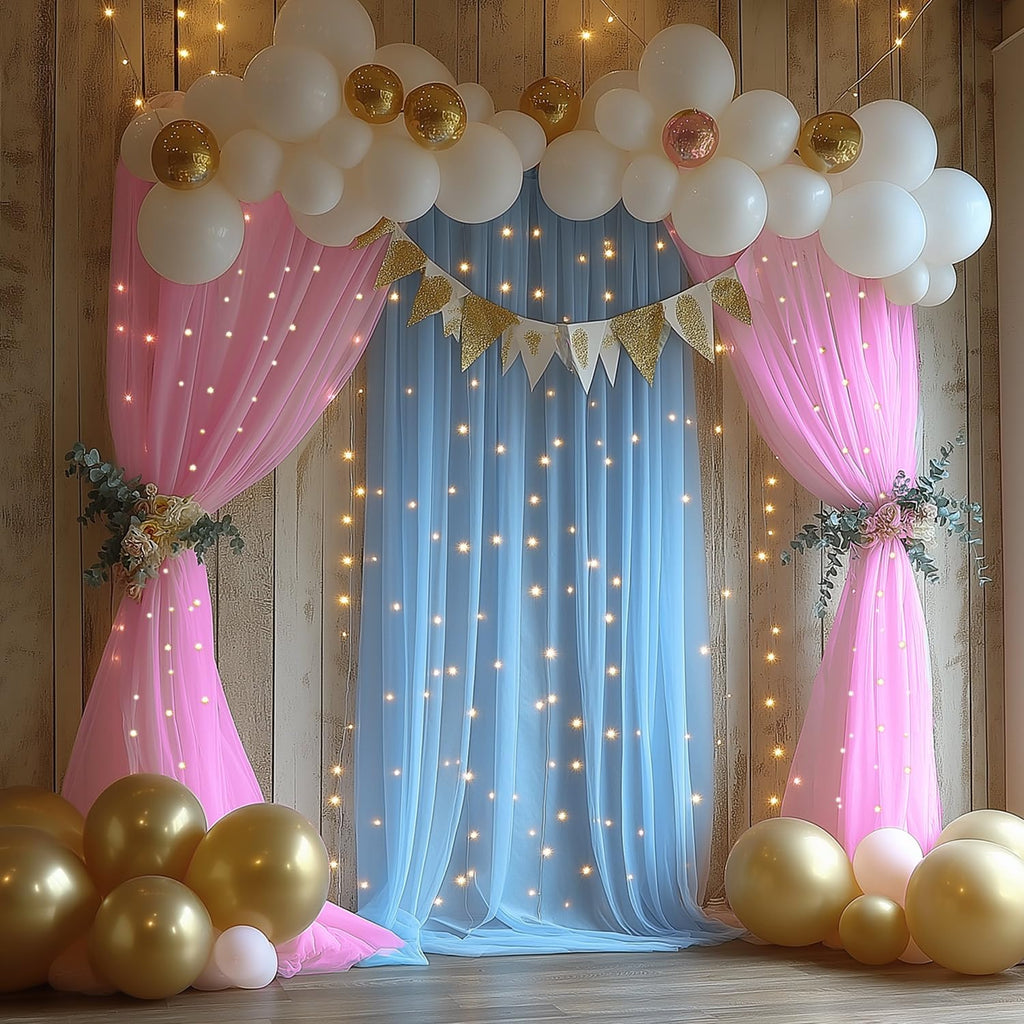 Pink and Blue Tulle Backdrop Curtains with Lights String – 2 Panels 5x8ft Sheer Backdrop for Gender Reveal, Baby Shower, Boy or Girl Birthday Party, Photo Shoot, Party Decorations