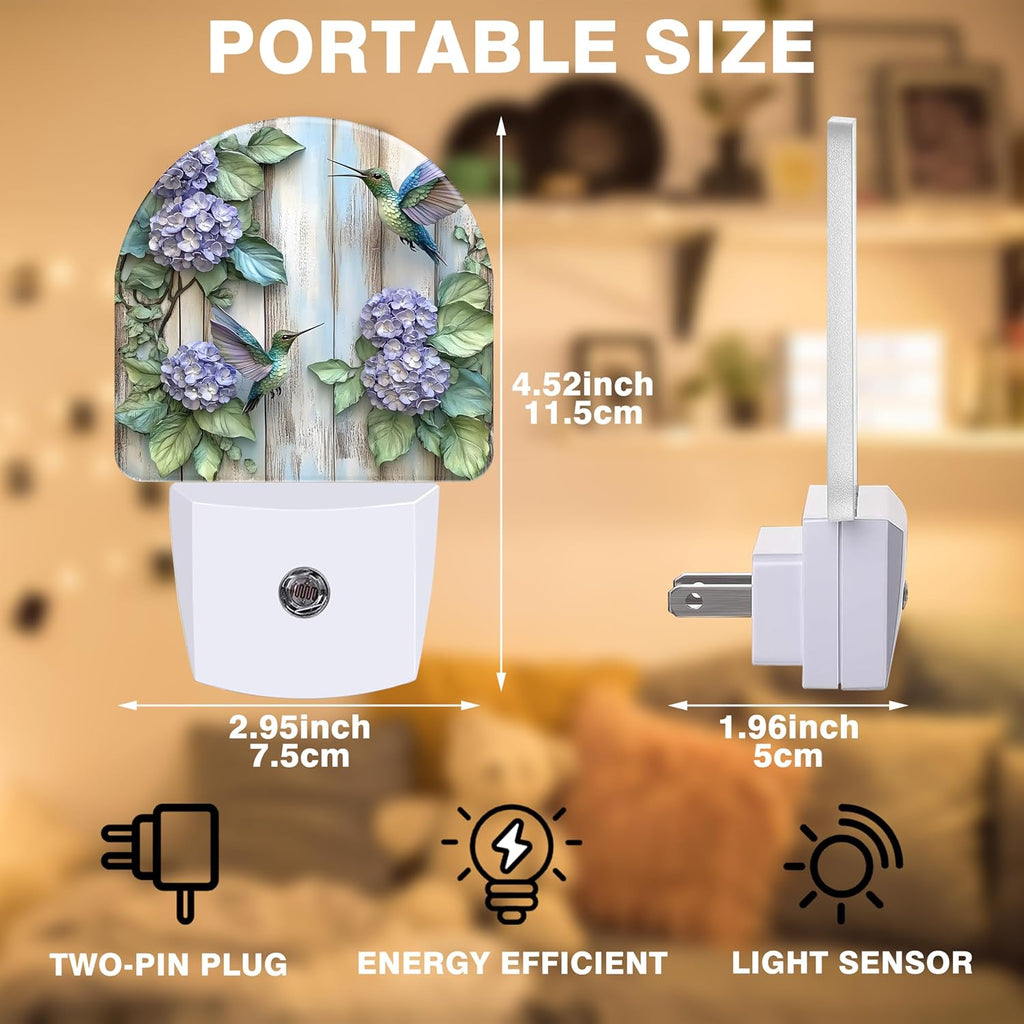 Night Lights Plug into Wall Hummingbirds and Hydrangea Flowers Night Light Dusk to Dawn Smart Sensor Decorative Round Led Lamp for Bedroom Kitchen Hallway Nightlight for Women Men