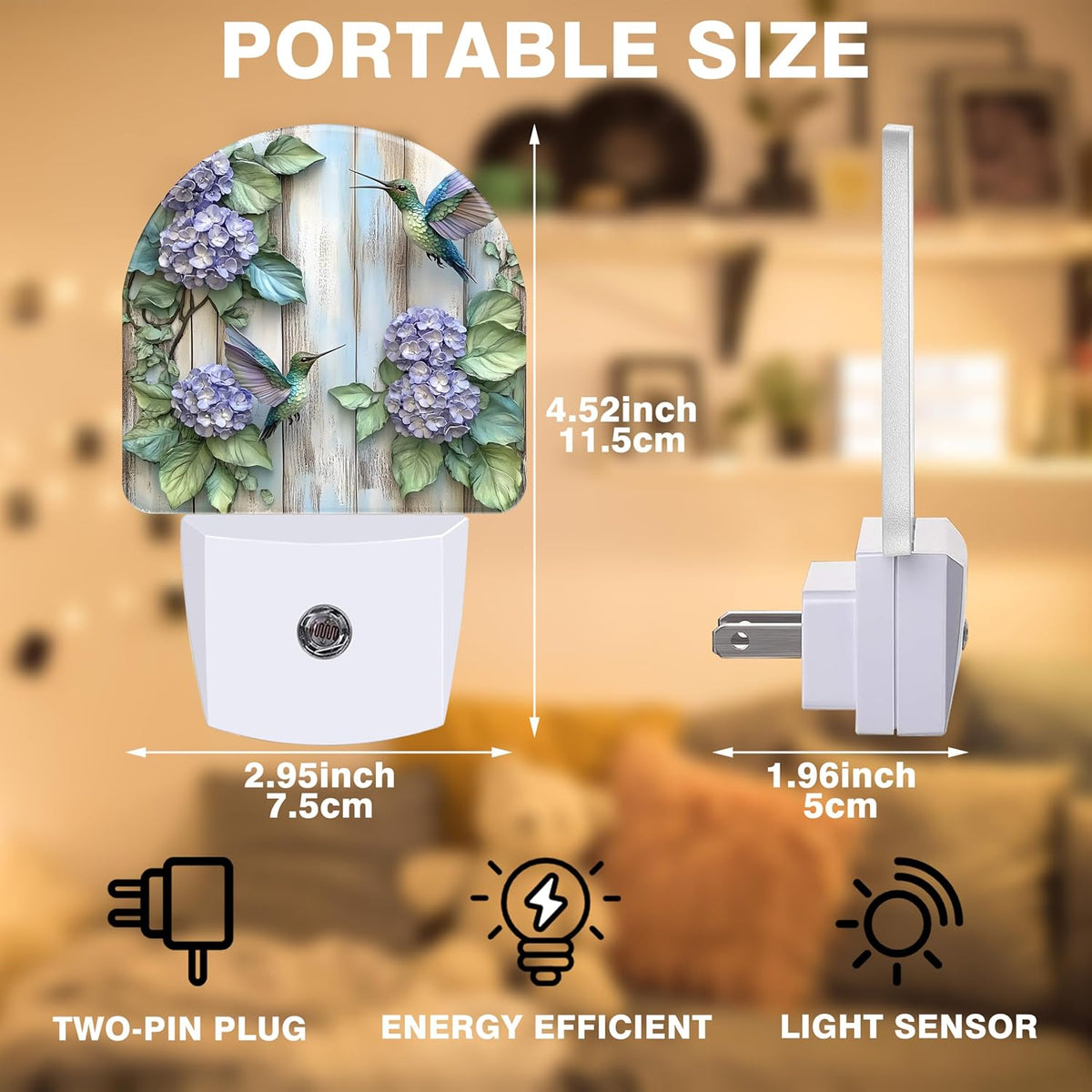 Night Lights Plug into Wall Hummingbirds and Hydrangea Flowers Night Light Dusk to Dawn Smart Sensor Decorative Round Led Lamp for Bedroom Kitchen Hallway Nightlight for Women Men