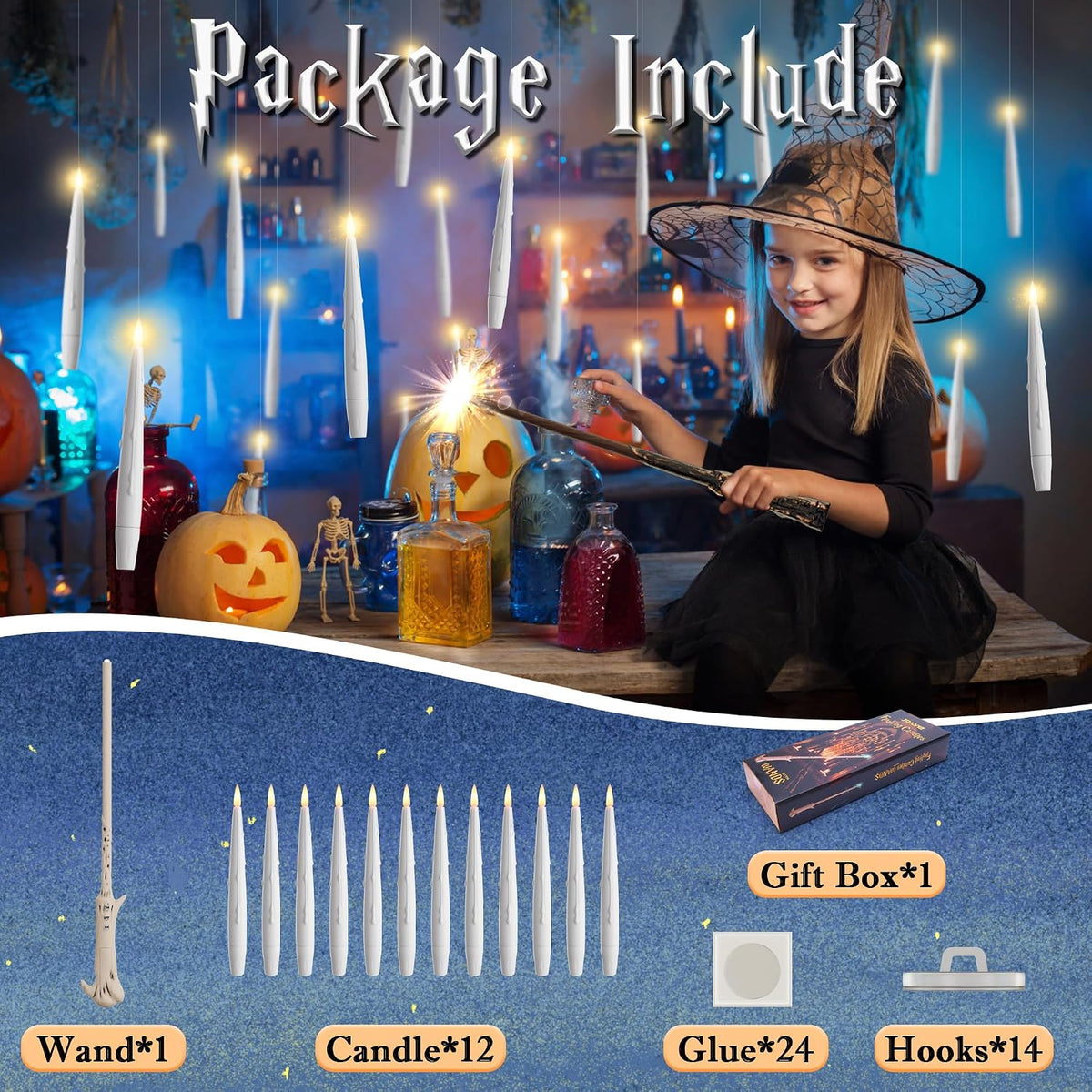 JOIONE Floating Candles with Wand, 12Pcs White Hanging Candle for Halloween