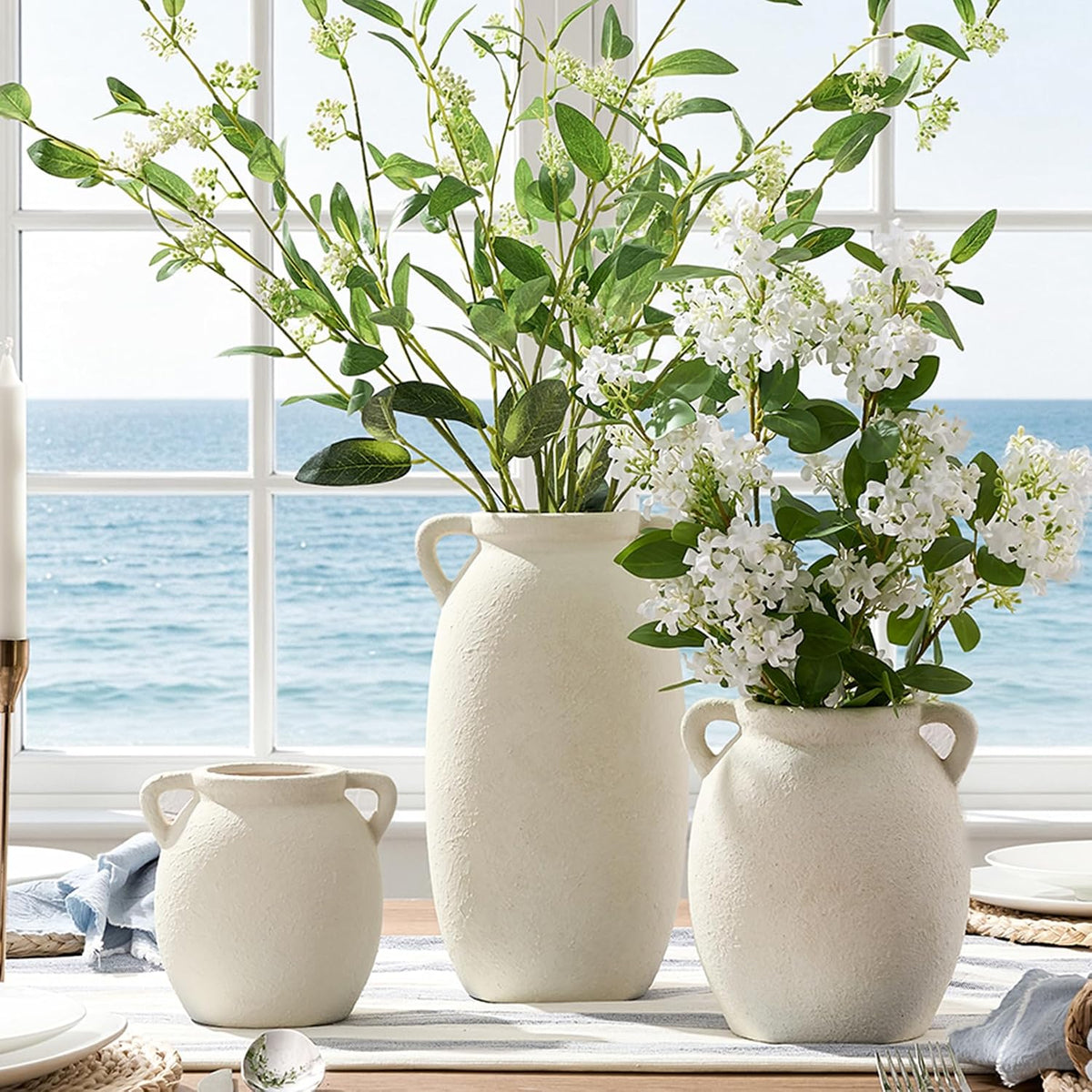 Dobbyby Ceramic Flower Vase 7.6 inch Farmhouse Rustic Vase Decorative Pottery Terracotta Vases for Home Decor Table Mantle Fireplace Living Room Bathroom Wedding Centerpiece (White-Upgraded)