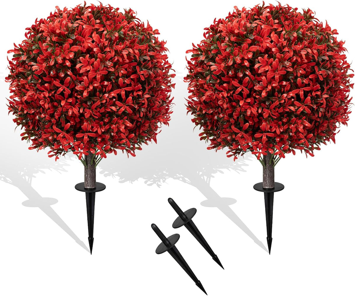 Chillchard 2Pack UV Resistant Red Artificial Boxwood Topiary Fake Plant