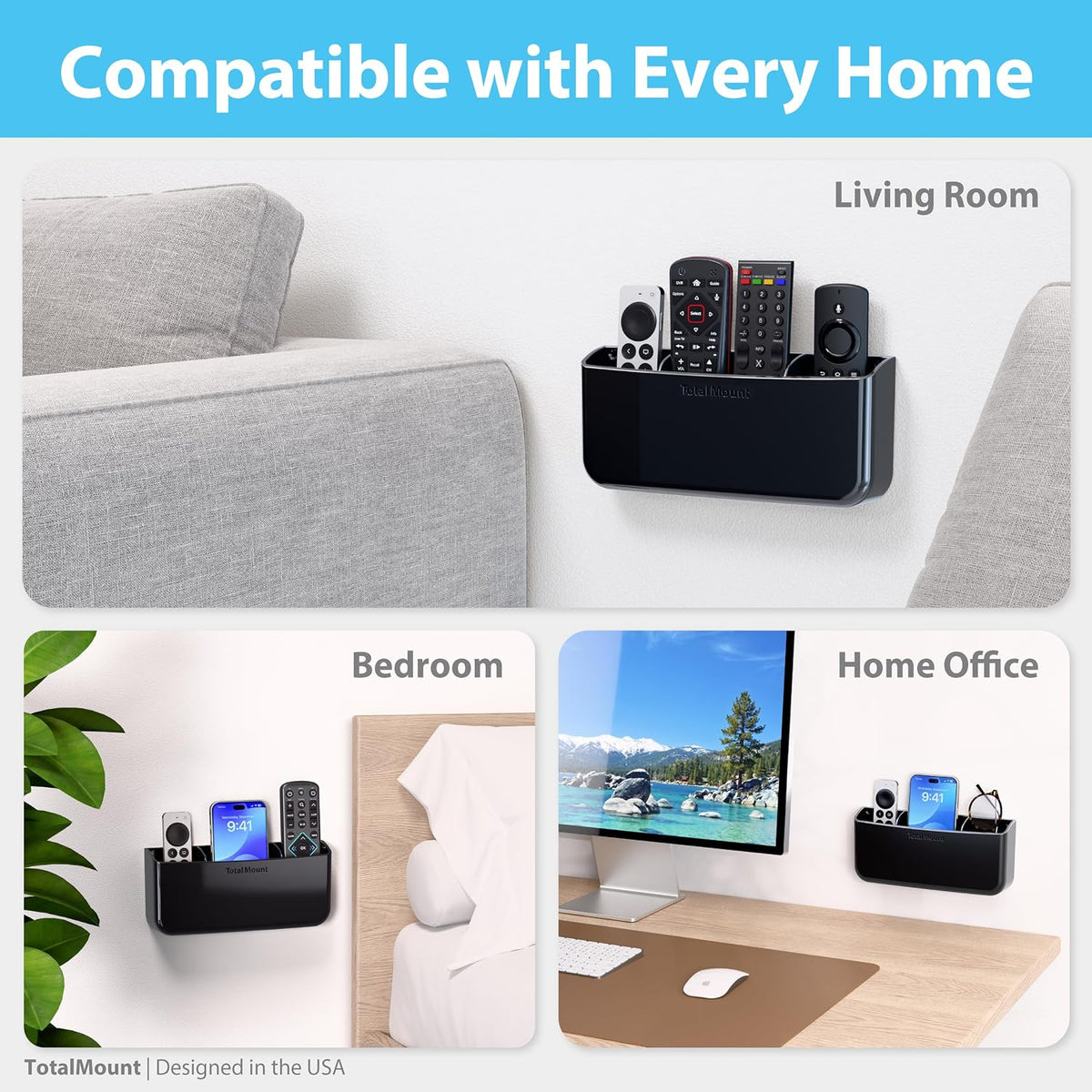TotalMount Drop-Free Remote Holder – Removable Adhesive Strips – XL Black