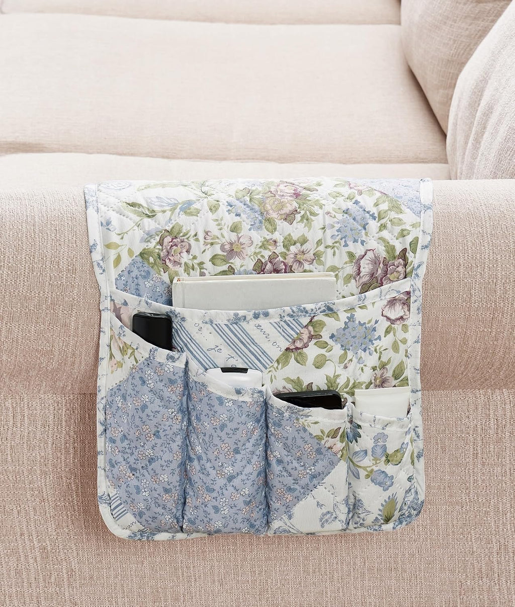 Brilliant Sunshine Blue Roses Patchwork Couch Armrest Organizer, 35"×13"