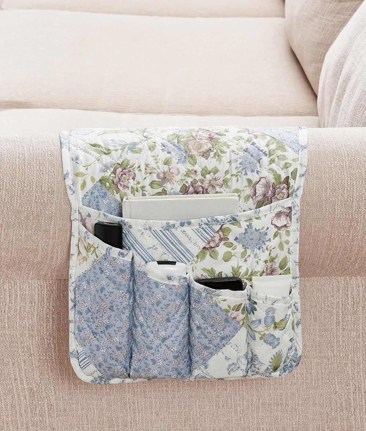 Brilliant Sunshine Blue Roses Patchwork Couch Armrest Organizer, 35"×13"
