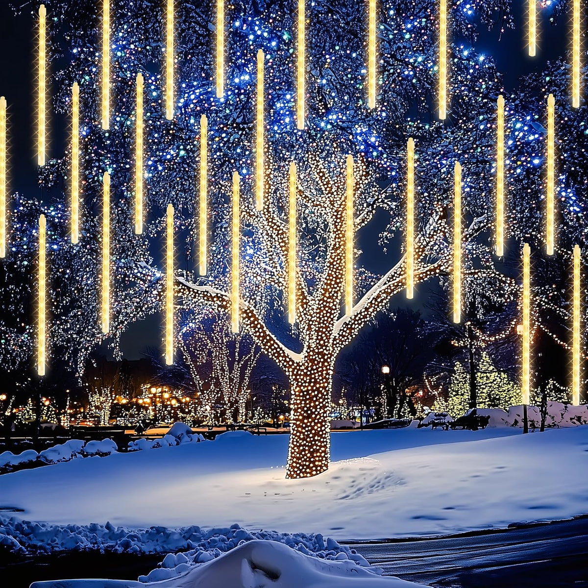 Dazzle Bright 1728 LED Christmas Light, Meteor Shower Rain Lights 11.8 Inch 48 Tubes, Waterproof Plug in Falling Rain Lights Decorations for Xmas Tree Yard Party (Warm White)