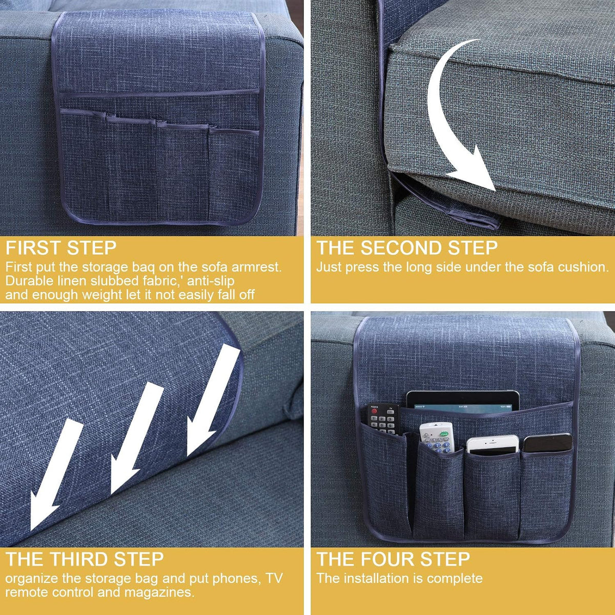 Sofa Armrest Organizer Non-Slip Remote Control Holders for Recliner Couch Chair Armchair Caddy with 5 Pockets for Table,Cell Phone,Ipad,Magazines,Books (Navyblue, 13 x 35 Inch) (Pack of 2)