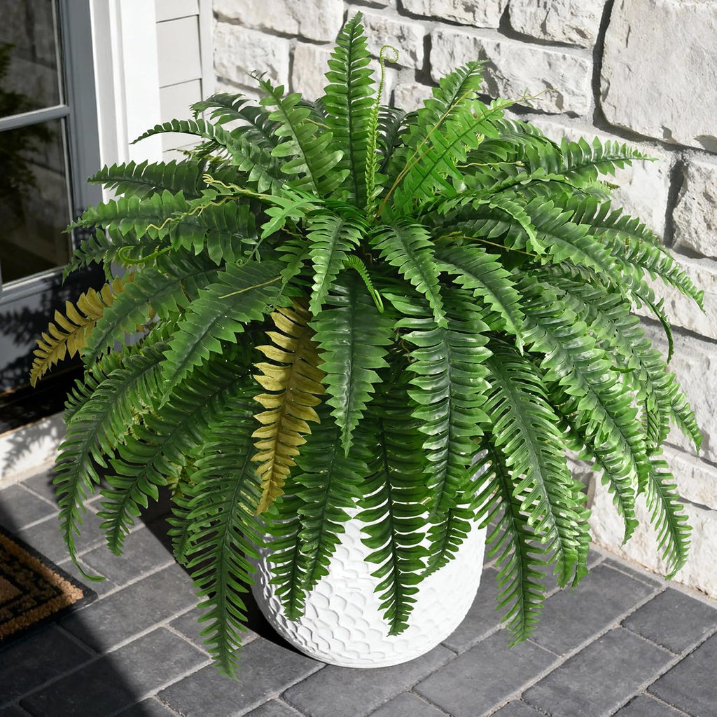 4PCS 45in Fake Ferns- Outdoor Faux Plants, Large UV Resistant Artificial Ferns for Outdoors, Weatherproof Faux Boston Fern Realistic Fake Artificial Plant for Porch Home Garden Patio Hanging Decor