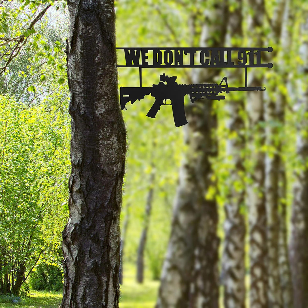 No Trespassing Sign "You're In Range" Metal Wall Tree Hanger Decor – Outdoor Indoor Gun Owners "We Don't Call 911" Monogram Display – Heavy Duty Steel Security Warning – Home Protection – 12.5" Tall