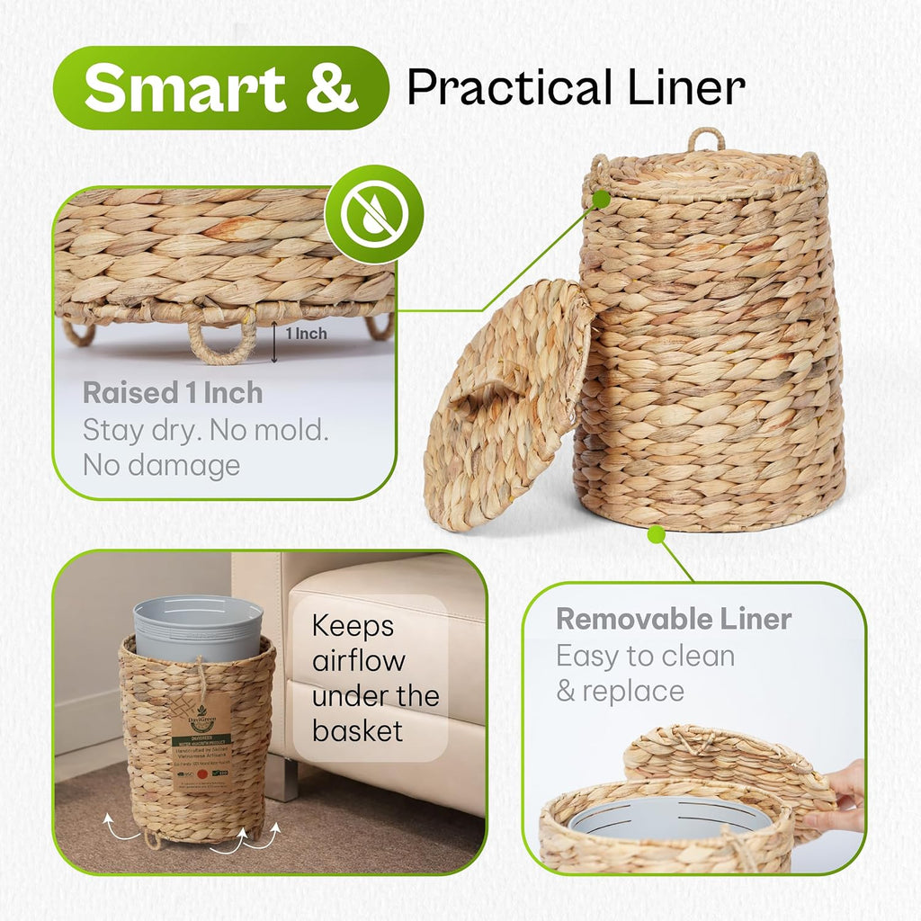 Bathroom Trash Can with Lid Set of 2 (3 Gallon & 1.5 Gallon), Wicker Wastebasket with Liner & Raised Feet, Handwoven Water Hyacinth Decorative Trash Can for Bedroom, Office, Living Room