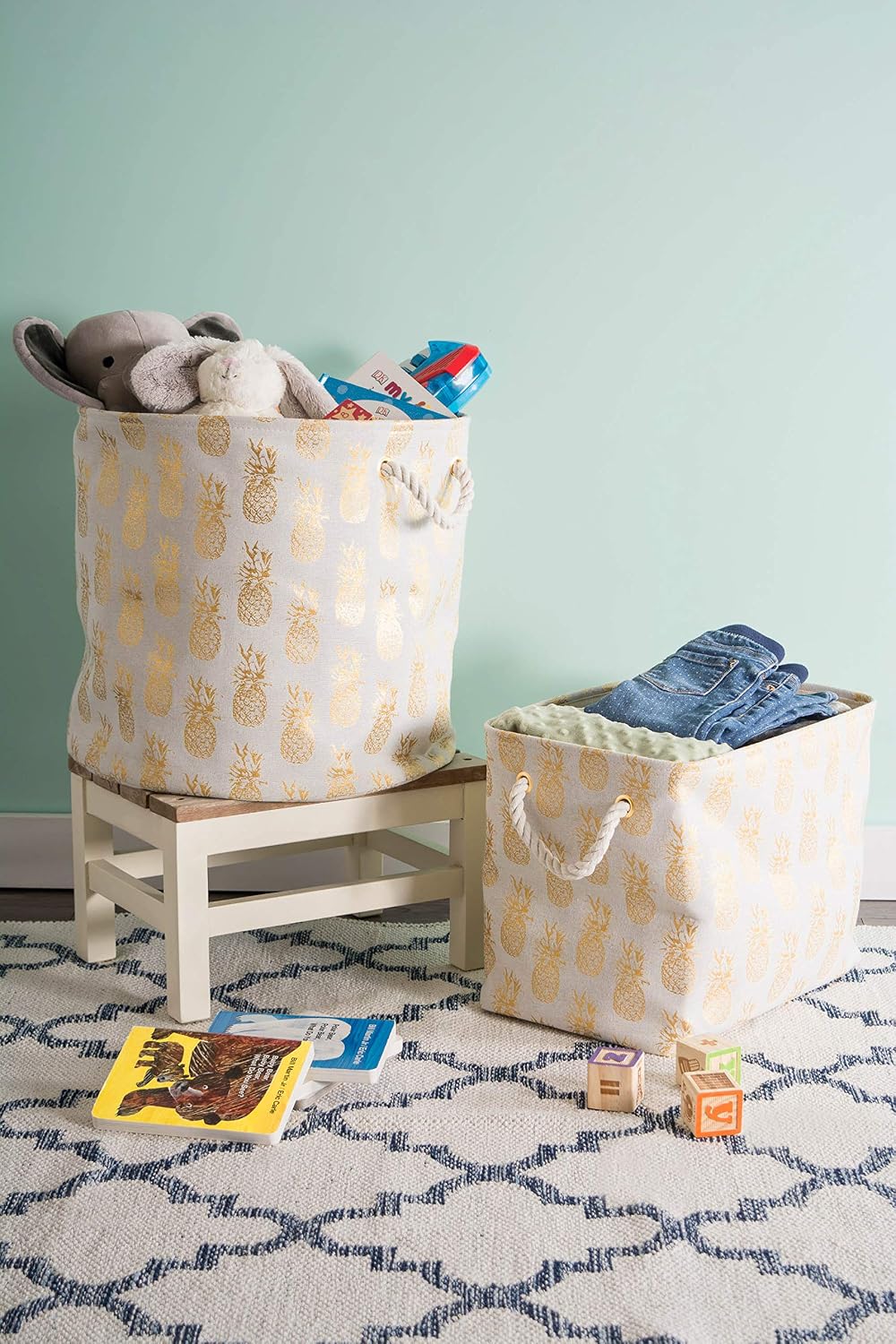 DII Polyester Storage Bin, Gold Metallic Collection Collapsible with Handles, Large Round, Pineapple