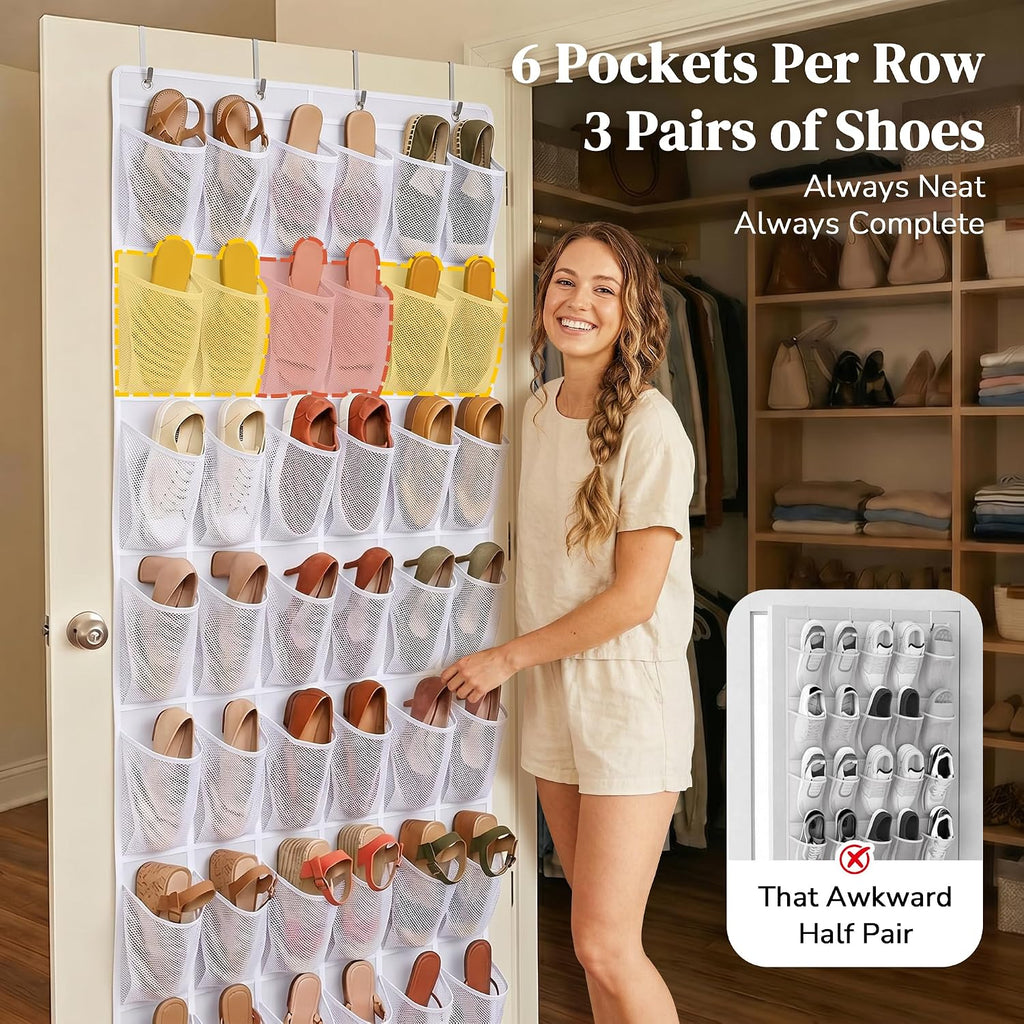 48 Pockets Over the Door Shoe Organizer, Fits Women's Shoes Up to US Size 9, 6-Column Heavy Duty Shoe Storage for Sneakers & Heels, Mesh Hanging Rack for Entryway, Bedroom & Dorm, White