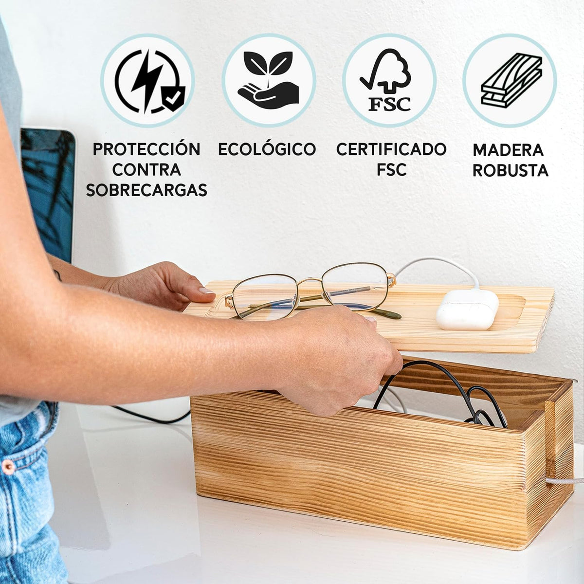 NATURE SUPPLIES Set of 2 Wooden Cable Management Boxes, Large and Medium Cord Organizer to Hide Wires and Power Strips for TV, Desk, Computer, Cable Storage and Organization, Dark Brown