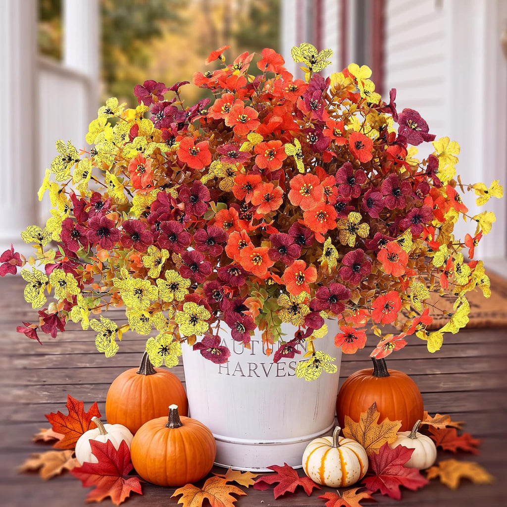 Sggvecsy Artificial Flowers for Outdoors 12 Bundles Realistic Faux Plants Fake Silk UV Resistant Flower for Boxwood Planter Patio Porch Outside Decoration(Orange Yellow Burgundy)