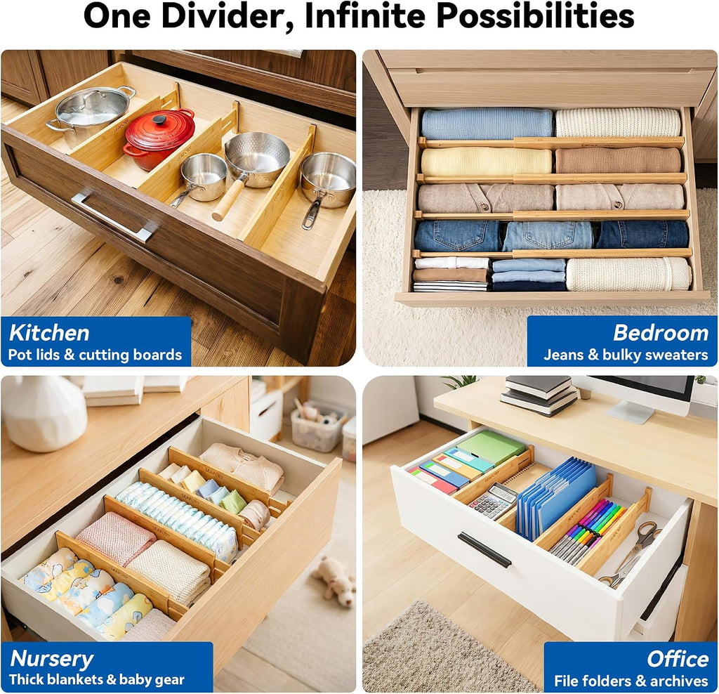 4 Pack 8" Deep Bamboo Drawer Dividers, 17-22" Expandable Kitchen Organizers