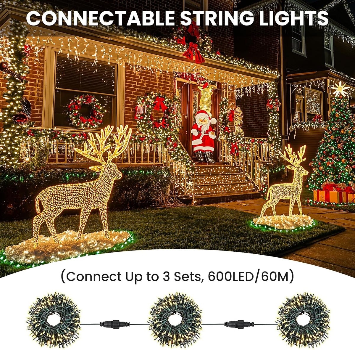 JTSIOV Christmas Tree Lights, 65FT/20M 200 LED Christmas Lights Plug in, 8 Modes Waterproof Outdoor Lights Indoor, Memory Function, Connectable String Lights for Party, Patio, Wedding (Warm White)